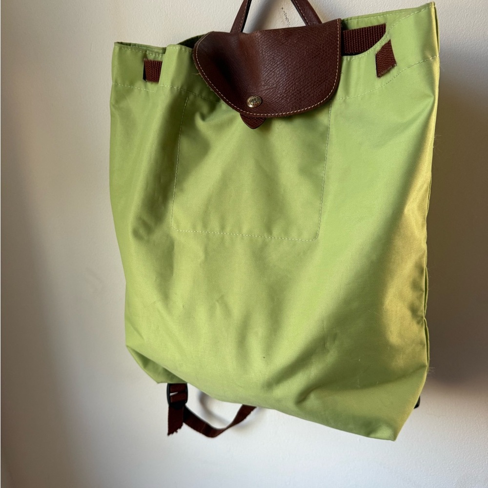 Longchamp Green Nylon Backpack with Brown Leather Trim